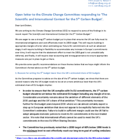 Letter to the Climate Change Committee – International Context for the 5th carbon budget